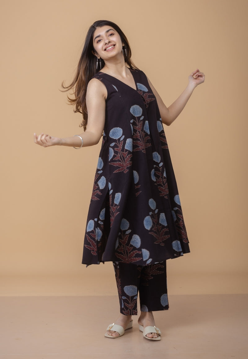 Raahi Black Ajrakh Cotton Kali Co-Ord Set