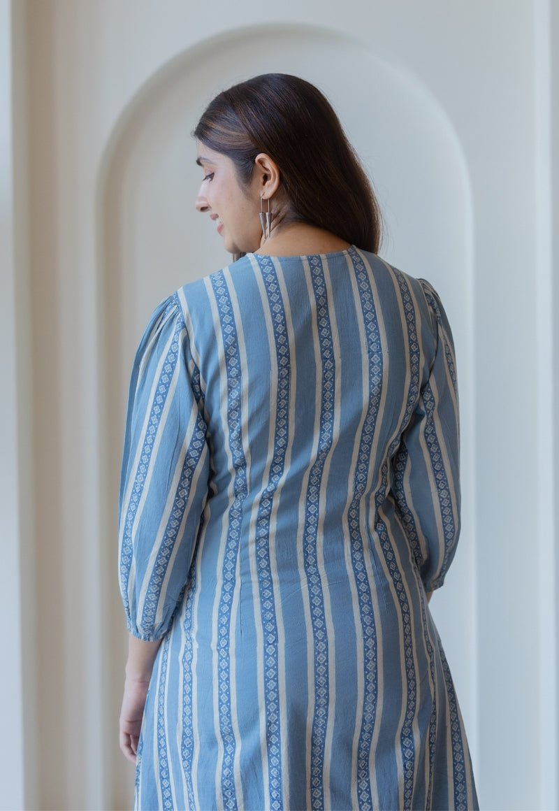 Iyana Blue Ajrakh Cotton A Line Dress