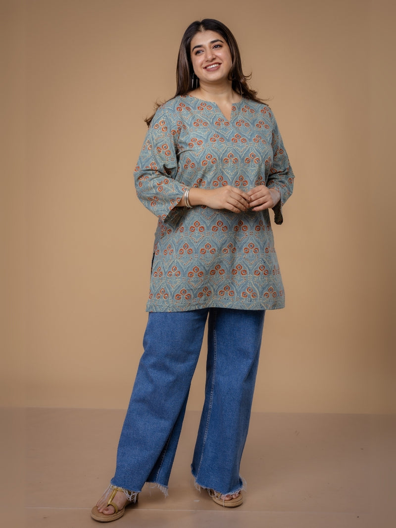 Mishel Blue Ajrakh Cotton Straight Short Top