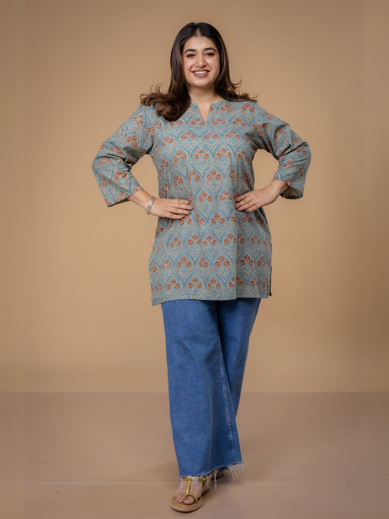Mishel Blue Ajrakh Cotton Straight Short Top