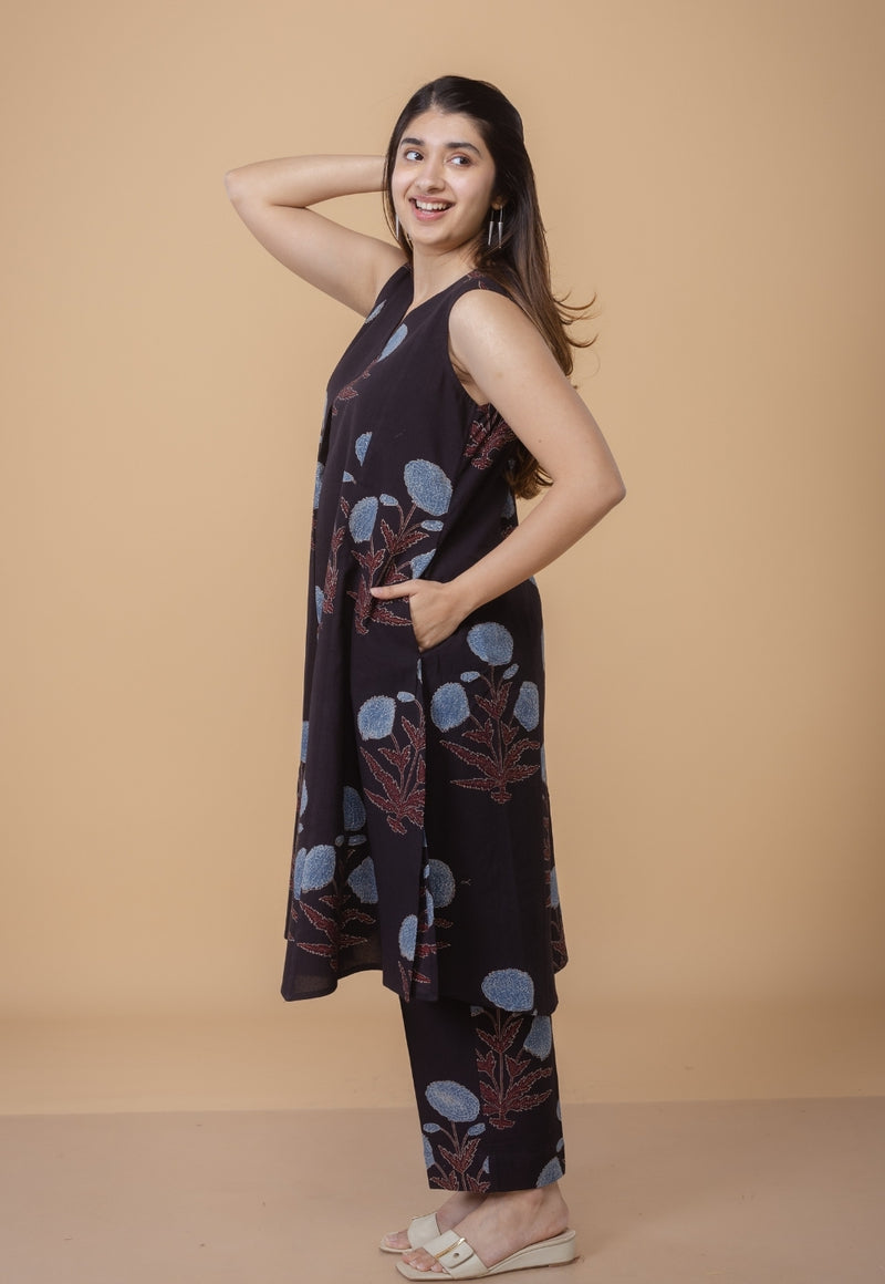 Raahi Black Ajrakh Cotton Kali Co-Ord Set