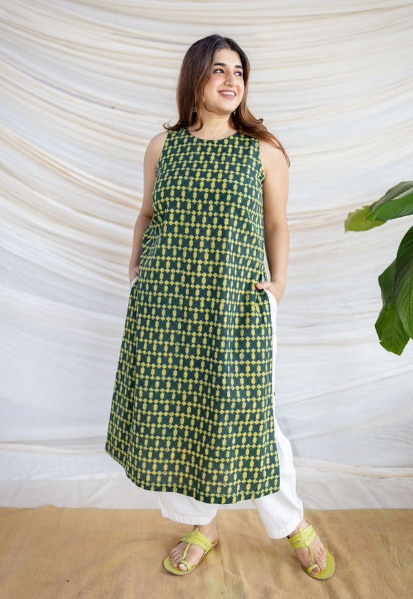 Selena Forest Green Dabu Cotton Straight Kurta