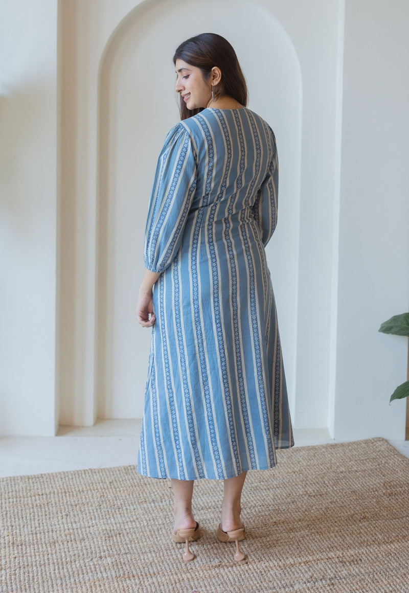 Iyana Blue Ajrakh Cotton A Line Dress