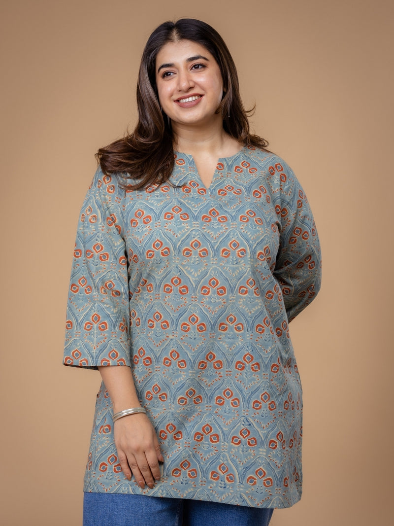 Mishel Blue Ajrakh Cotton Straight Short Top