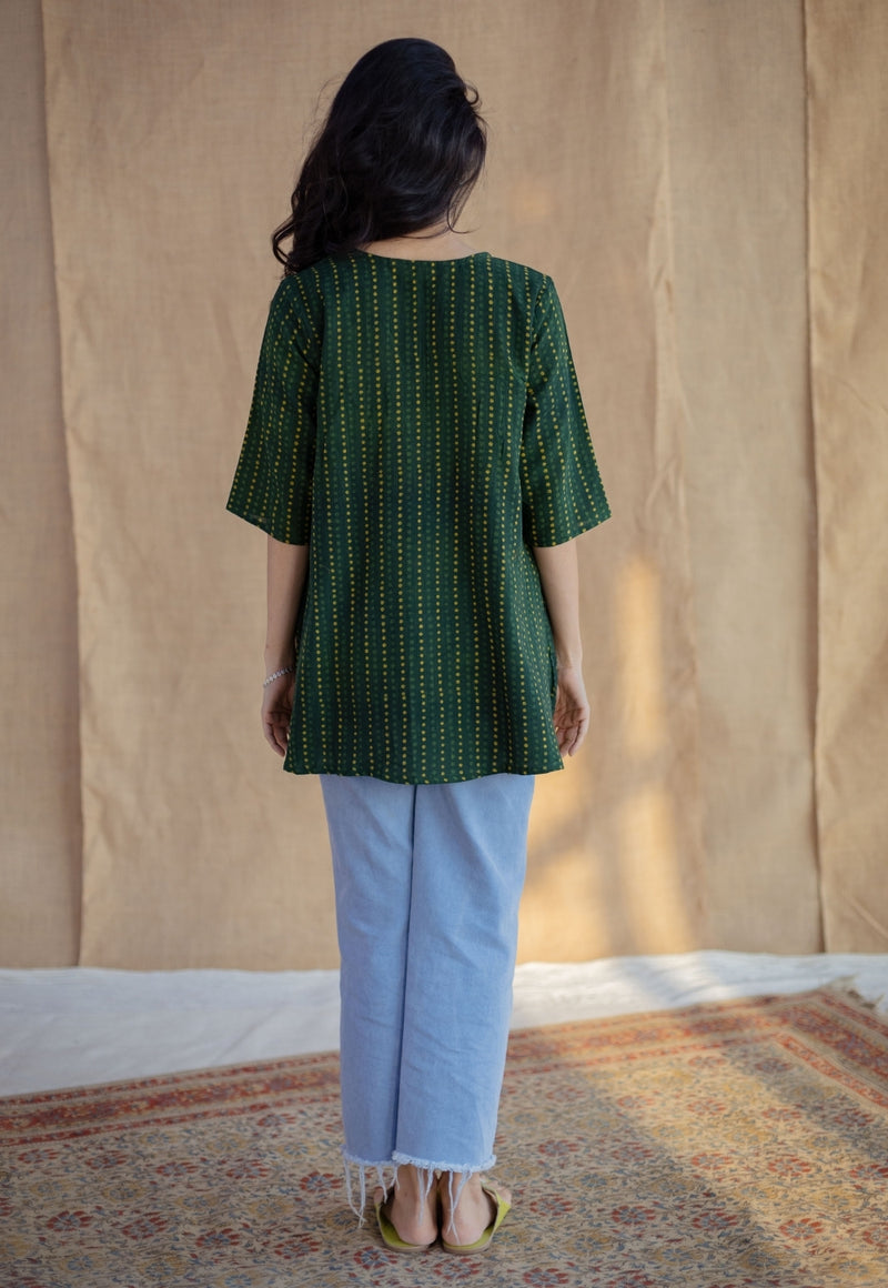 Purvi Green Dabu Slub Cotton A Line Short Top