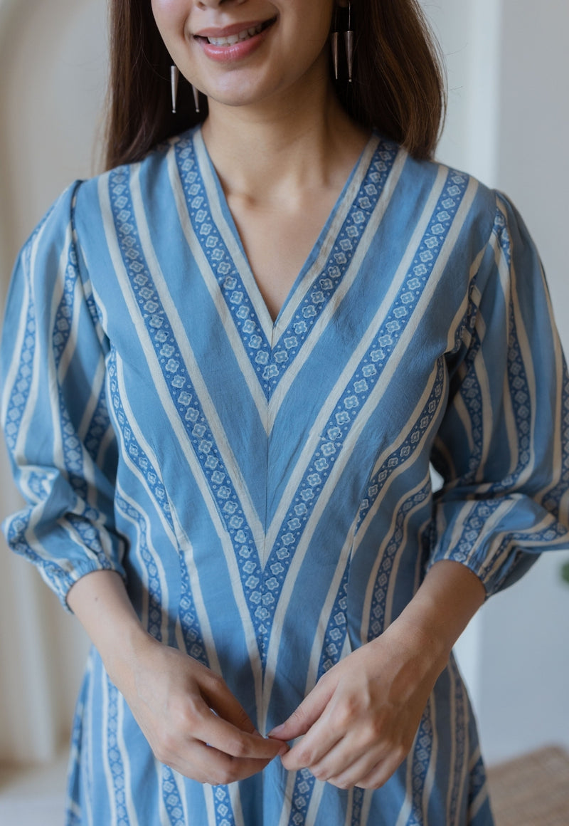 Iyana Blue Ajrakh Cotton A Line Dress