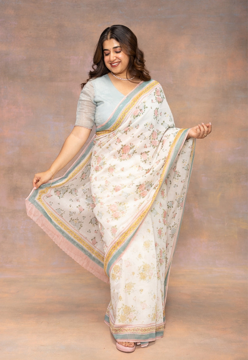 White Sanganeri Hand Block Print Chanderi Silk Saree