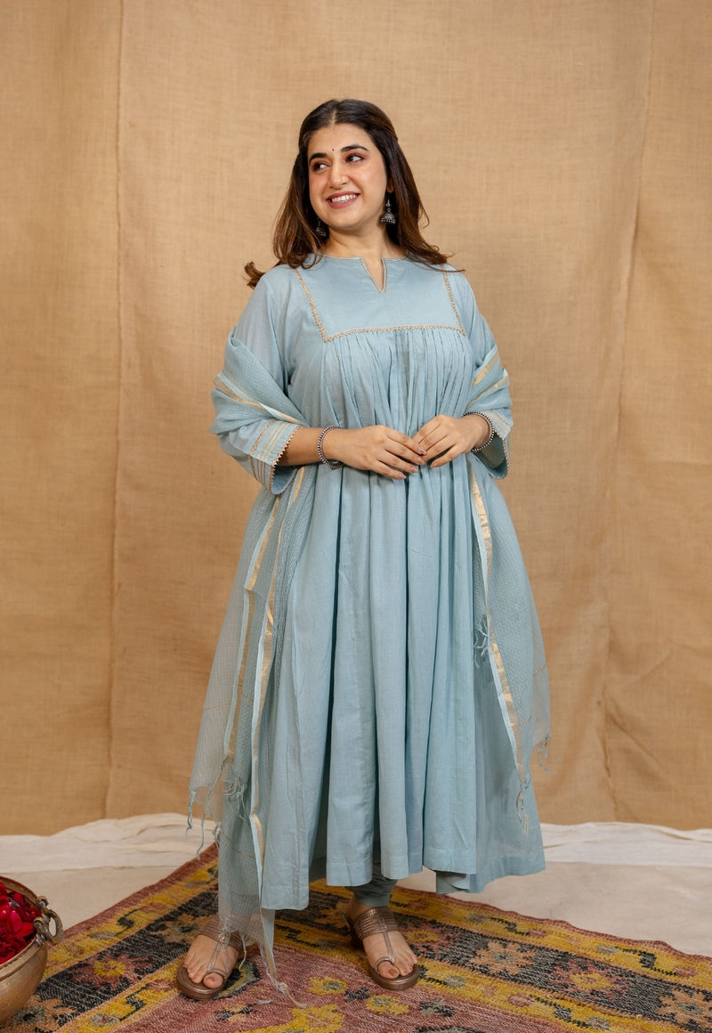 Iriya Mulmul Cotton Alice Blue Kurta Set (Set of 3)