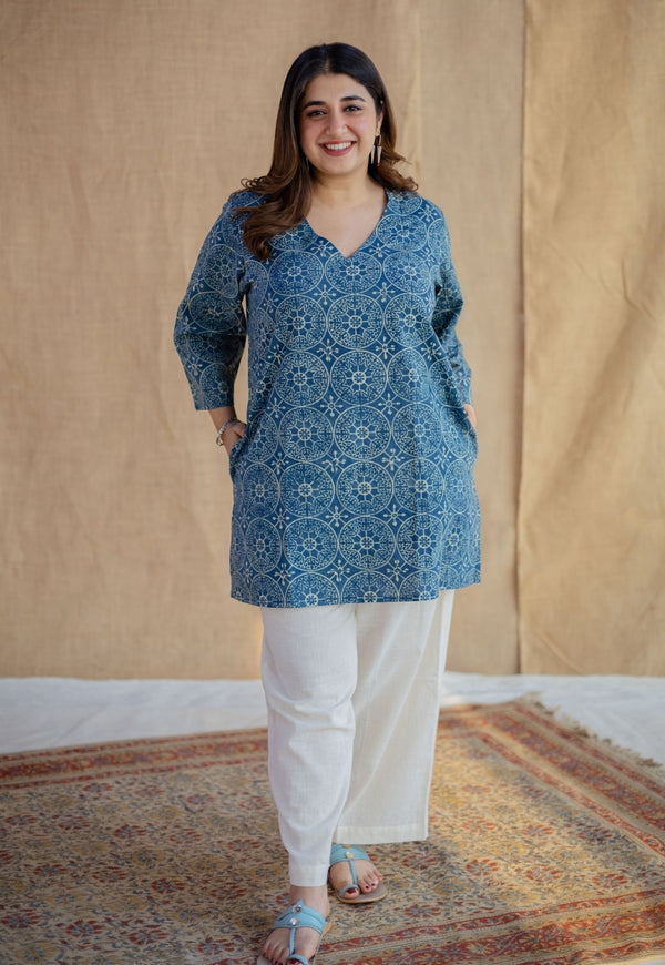 Sahar Indigo Ajrakh Cotton Straight Short Top