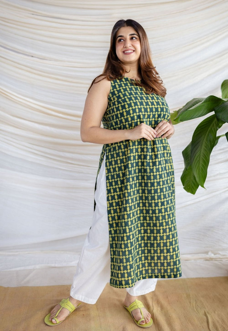 Selena Forest Green Dabu Cotton Straight Kurta