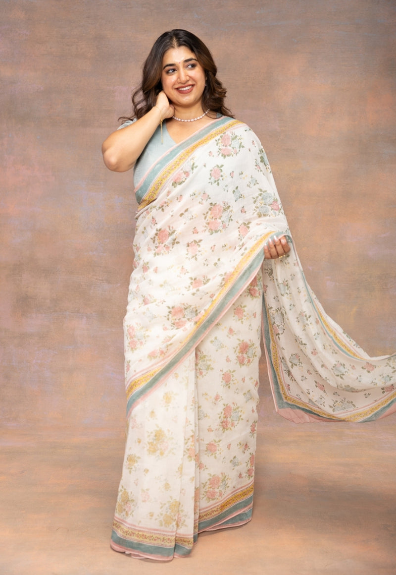 White Sanganeri Hand Block Print Chanderi Silk Saree