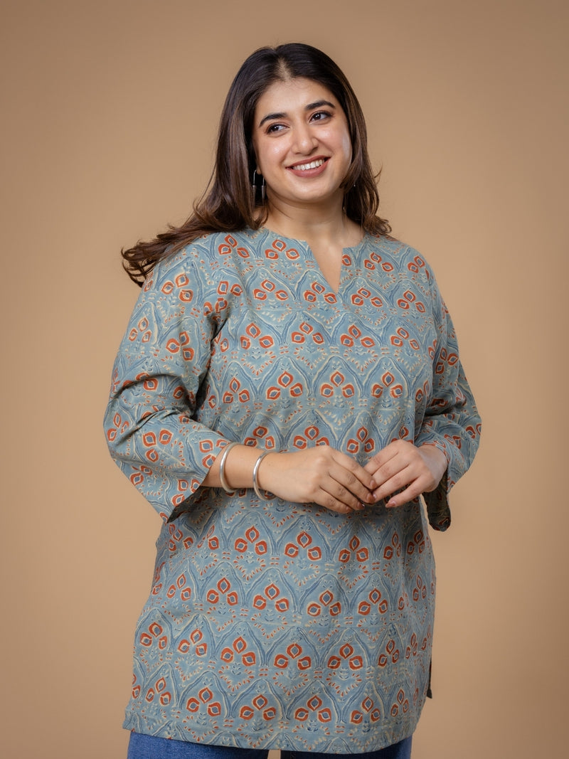 Mishel Blue Ajrakh Cotton Straight Short Top