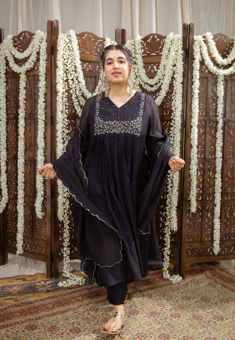 Zansi Black Chanderi Silk A Line Hand Embroidered Kurta Set (Set of 3)