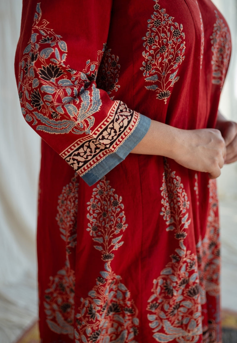 Yasira Ajrakh Cotton Hand Embroidered  Kali Kurta