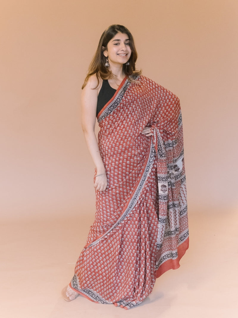 Red Butti Bagru Hand Block Print Modal Saree