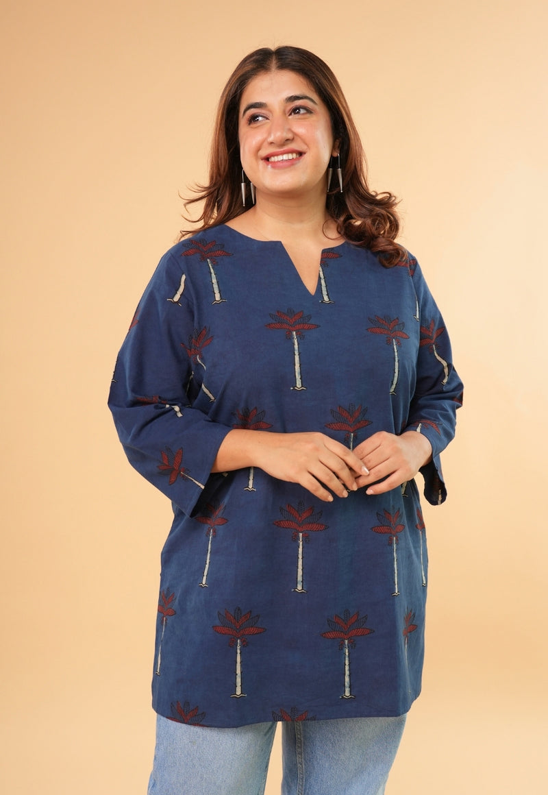 Mishel Blue Ajrakh Cotton Straight Short Top