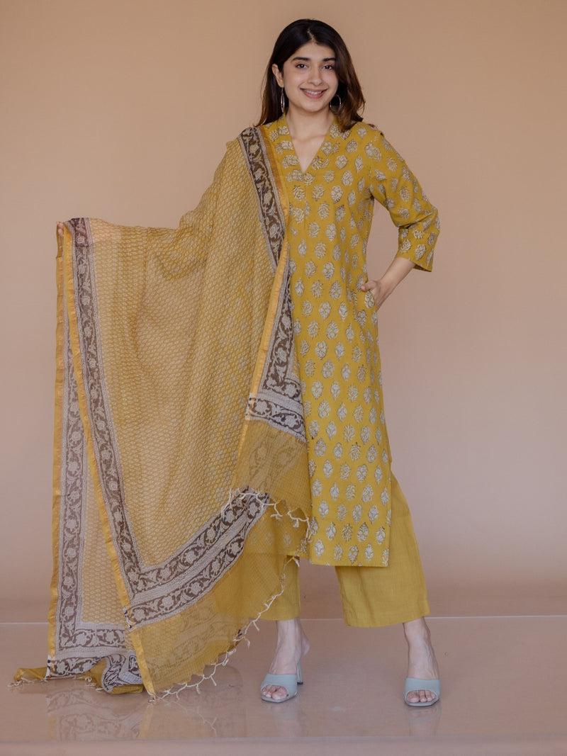 Yellow Butti Bagru Kota Doria Cotton Dupatta