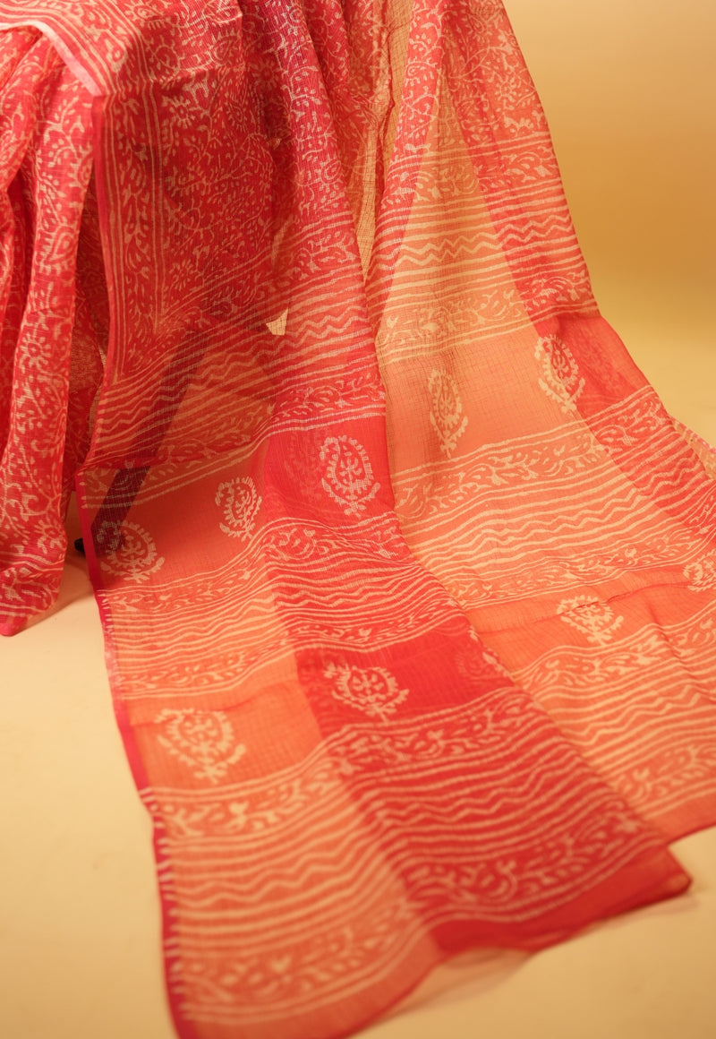 Pink Floral Jaal Dabu Hand Block Print Kota Doria Saree