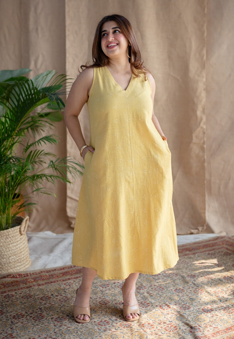 Mariam Yellow A Line Dabu Slub Cotton Dress