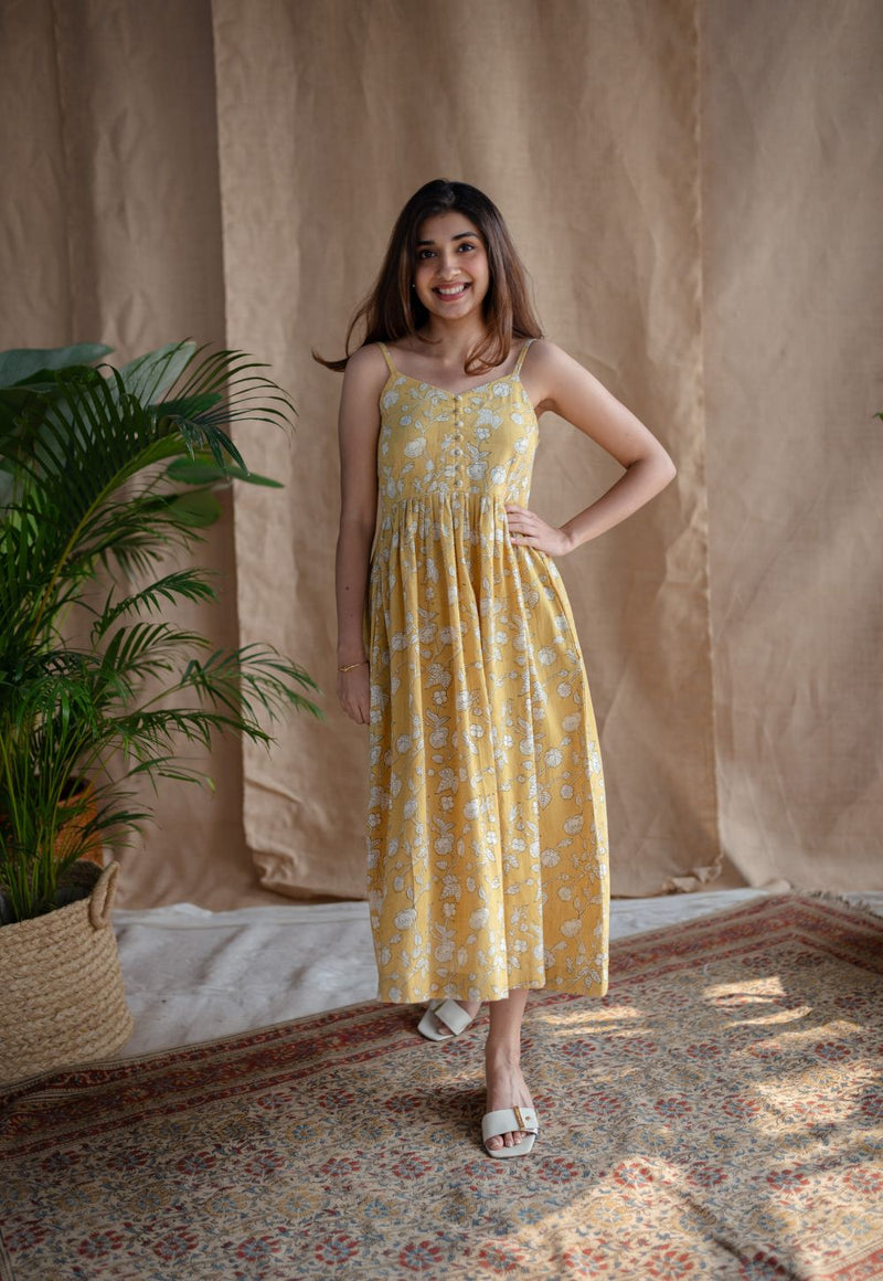 Eliya Yellow A Line Dabu Slub Cotton Dress