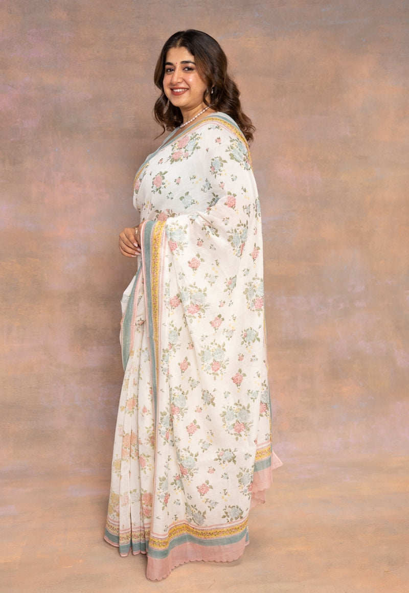 White Sanganeri Hand Block Print Chanderi Silk Saree