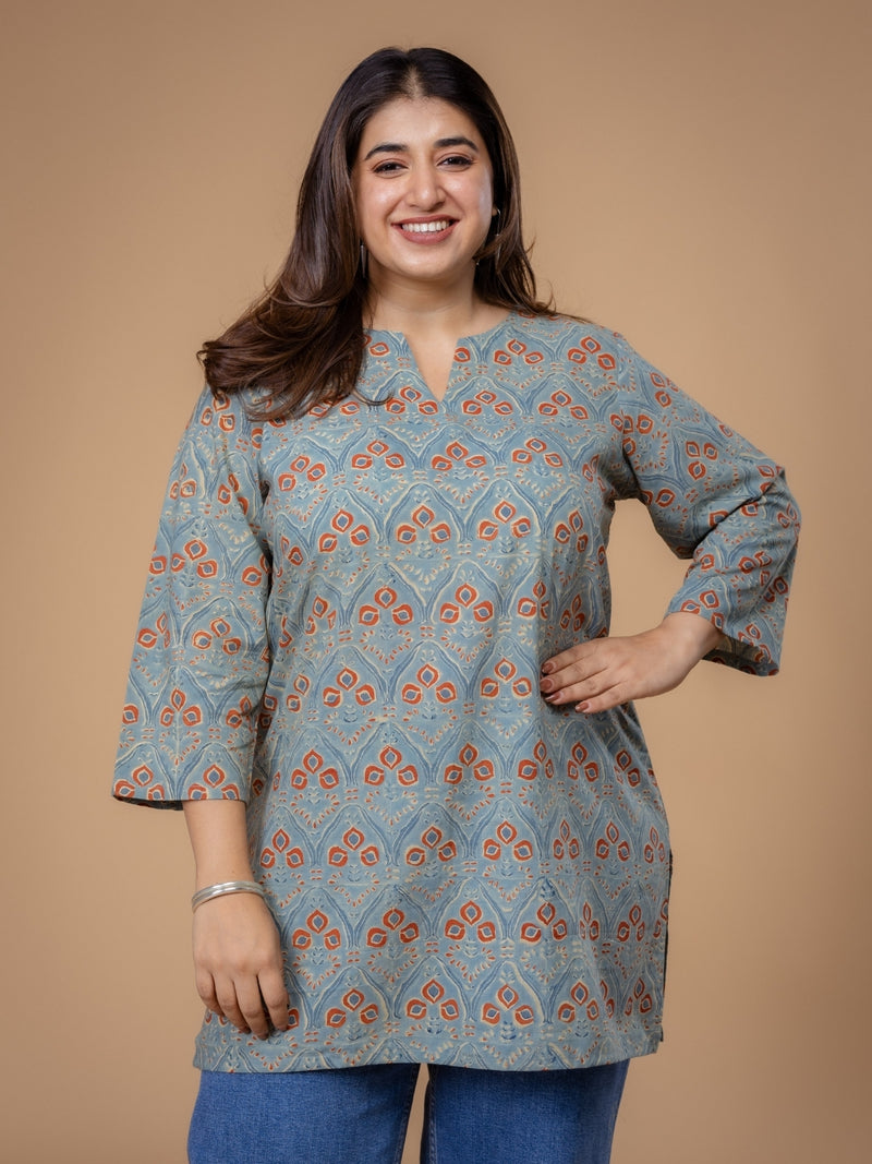 Mishel Blue Ajrakh Cotton Straight Short Top