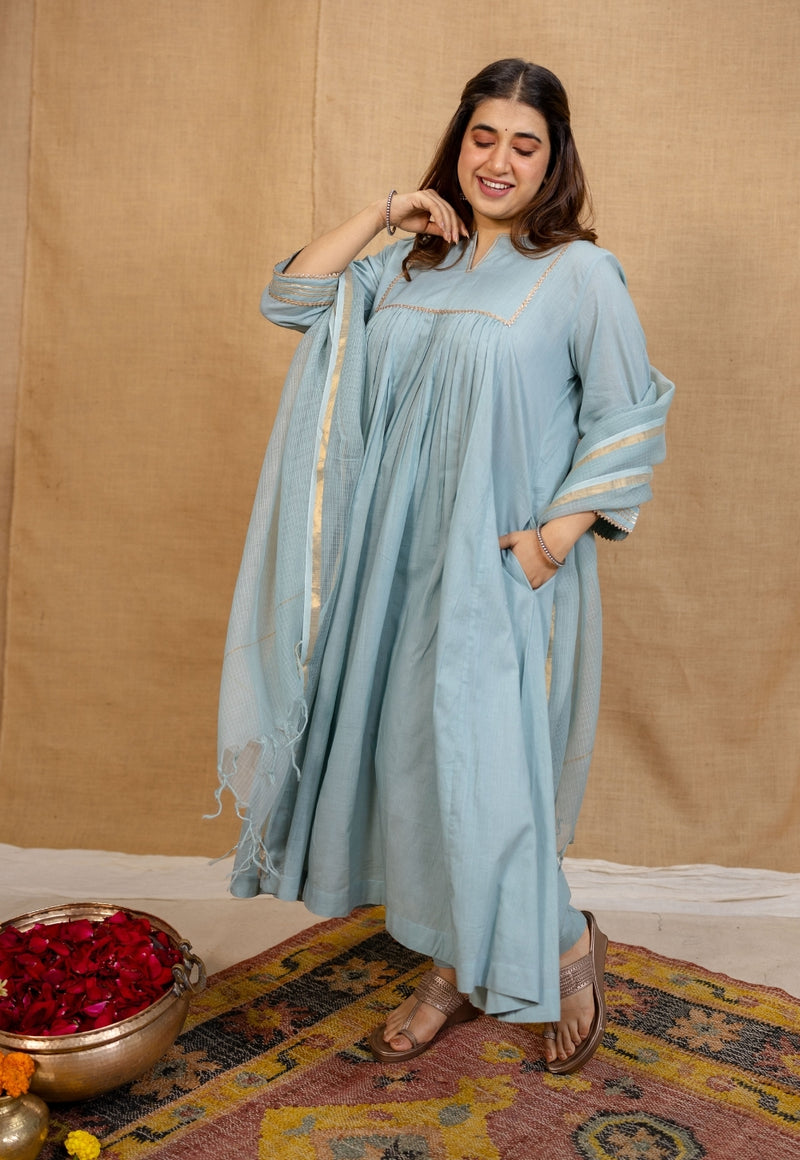 Iriya Mulmul Cotton Alice Blue Kurta Set (Set of 3)