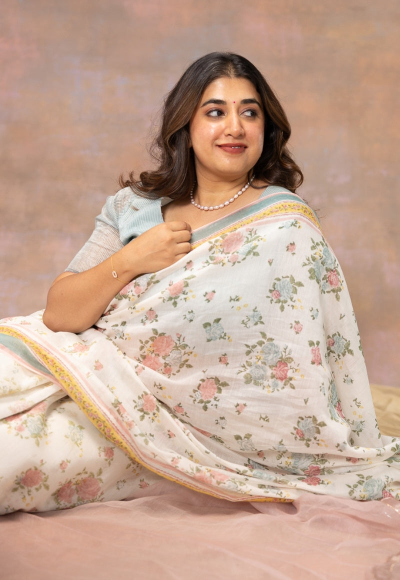 White Sanganeri Hand Block Print Chanderi Silk Saree