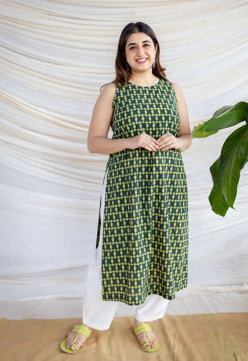 Selena Forest Green Dabu Cotton Straight Kurta