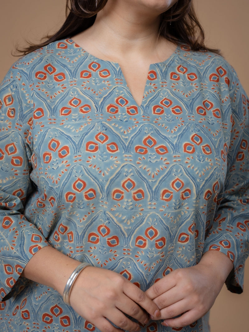 Mishel Blue Ajrakh Cotton Straight Short Top