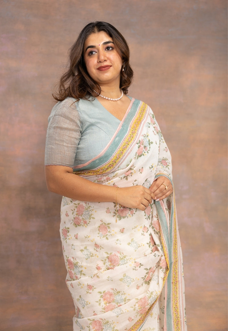 White Sanganeri Hand Block Print Chanderi Silk Saree