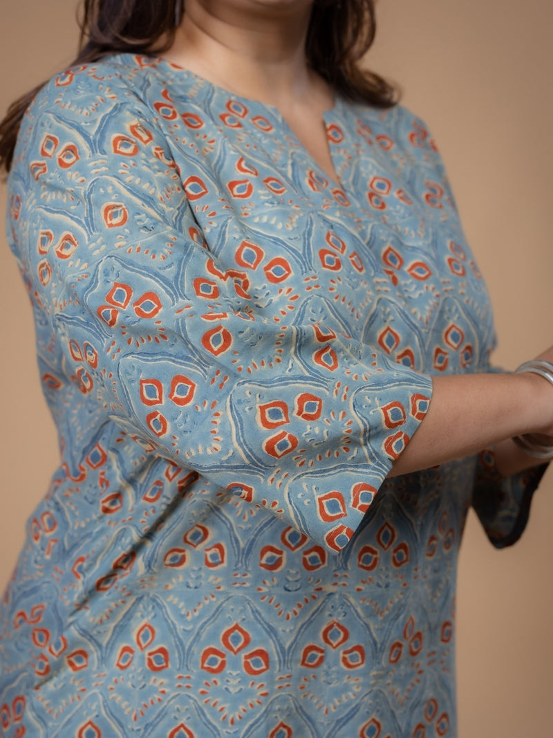 Mishel Blue Ajrakh Cotton Straight Short Top