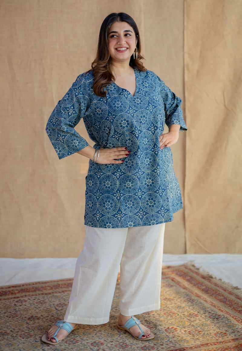 Sahar Indigo Ajrakh Cotton Straight Short Top