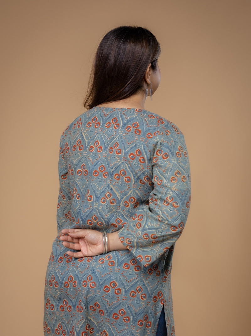 Mishel Blue Ajrakh Cotton Straight Short Top