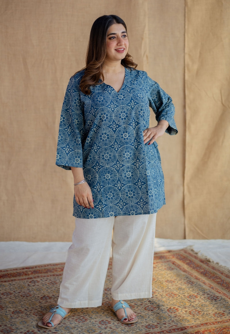 Sahar Indigo Ajrakh Cotton Straight Short Top