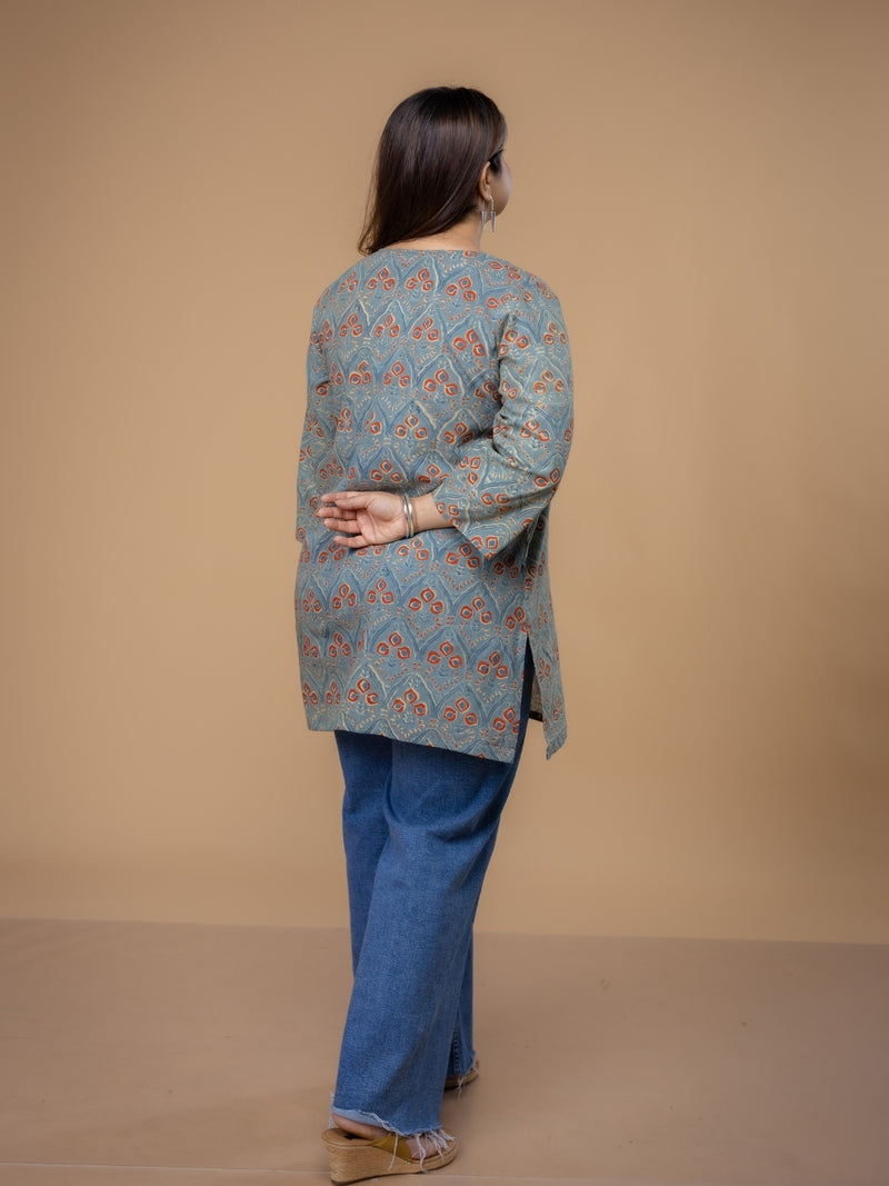 Mishel Blue Ajrakh Cotton Straight Short Top