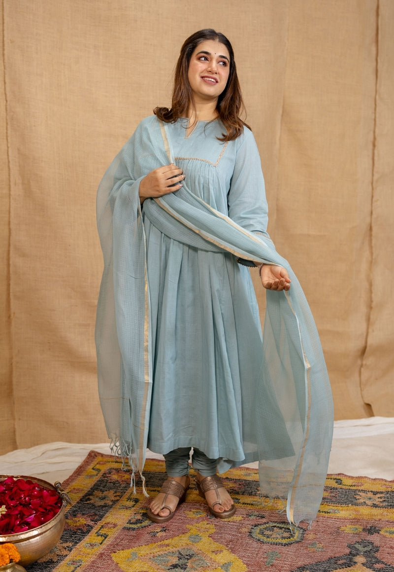 Iriya Mulmul Cotton Alice Blue Kurta Set (Set of 3)