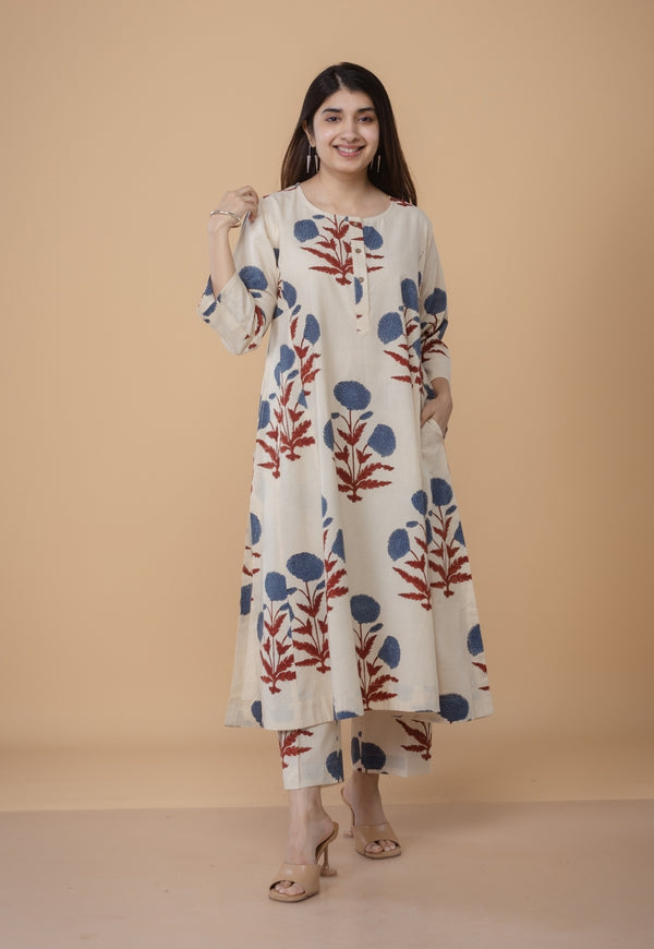 Alizah White Ajrakh Cotton Jhabba Kali Co-Ord Set