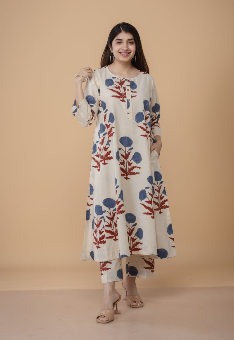 Alizah White Ajrakh Cotton Jhabba Kali Co-Ord Set