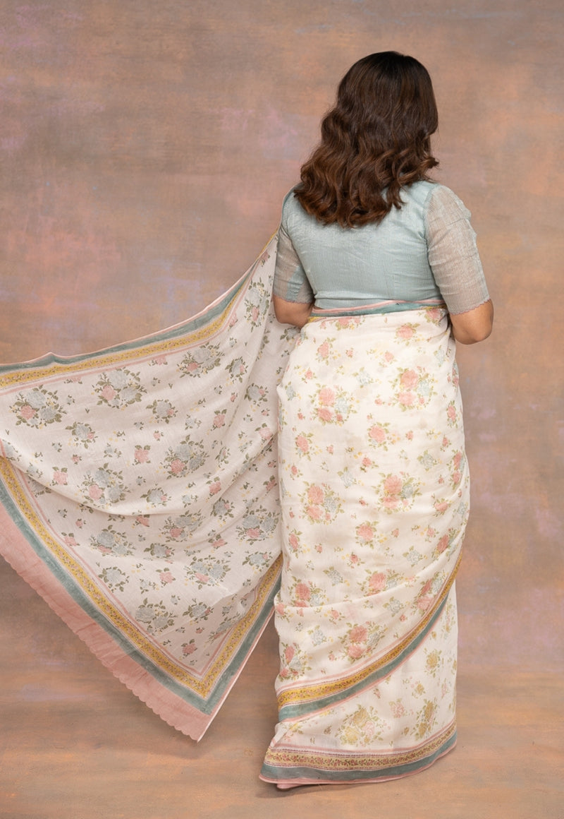 White Sanganeri Hand Block Print Chanderi Silk Saree