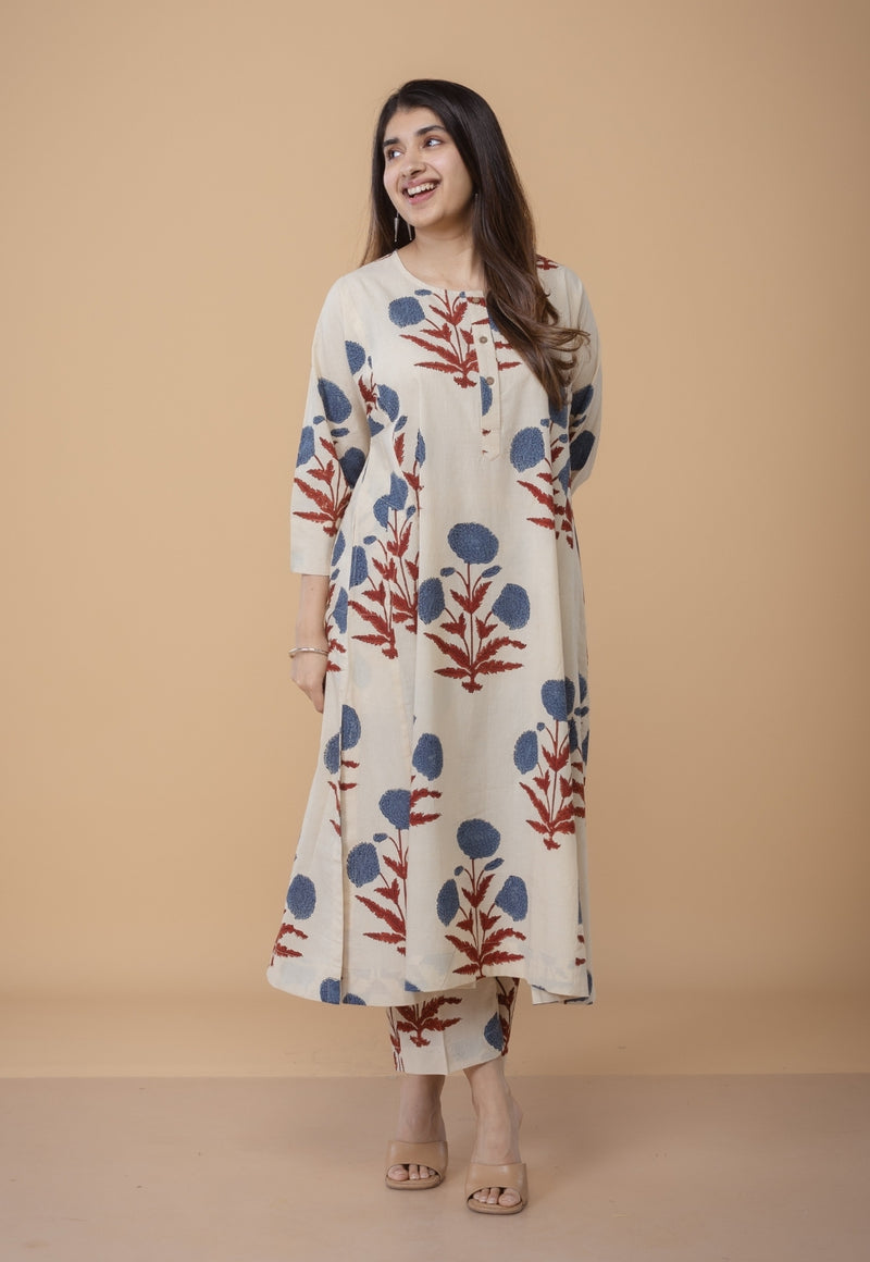 Alizah White Ajrakh Cotton Jhabba Kali Co-Ord Set