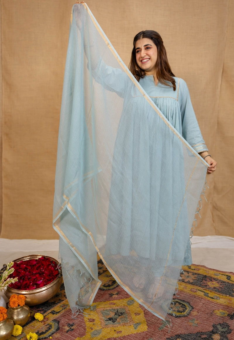 Iriya Mulmul Cotton Alice Blue Kurta Set (Set of 3)