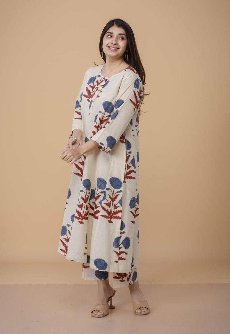 Alizah White Ajrakh Cotton Jhabba Kali Co-Ord Set