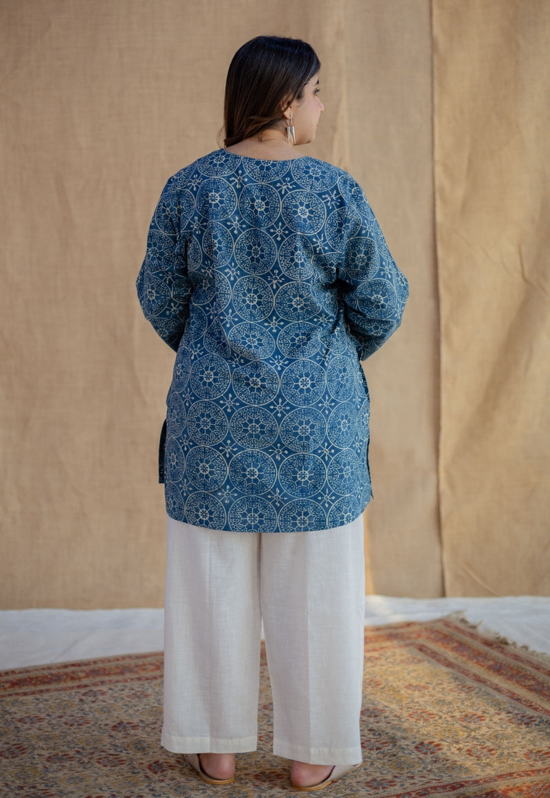 Sahar Indigo Ajrakh Cotton Straight Short Top