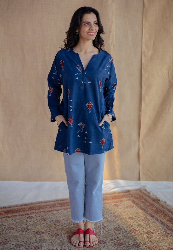 Huda Indigo Ajrakh Cotton Loose Short Top