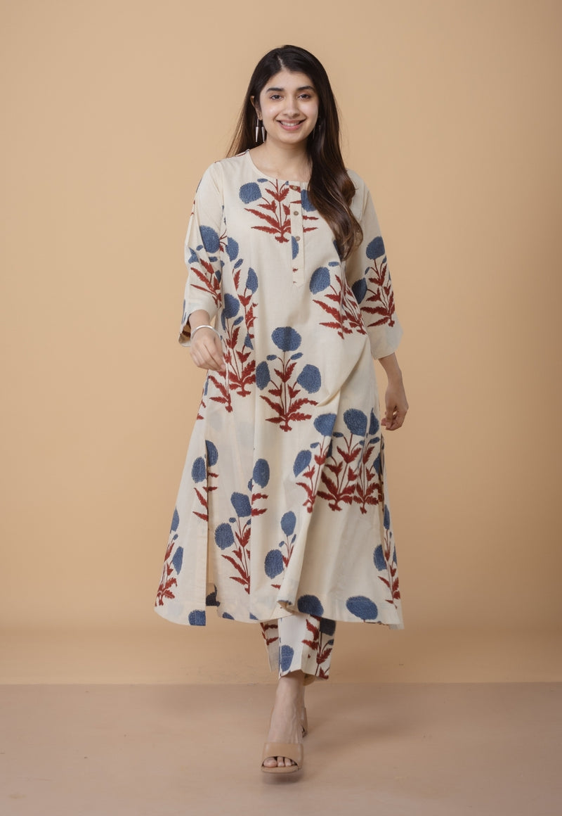 Alizah White Ajrakh Cotton Jhabba Kali Co-Ord Set