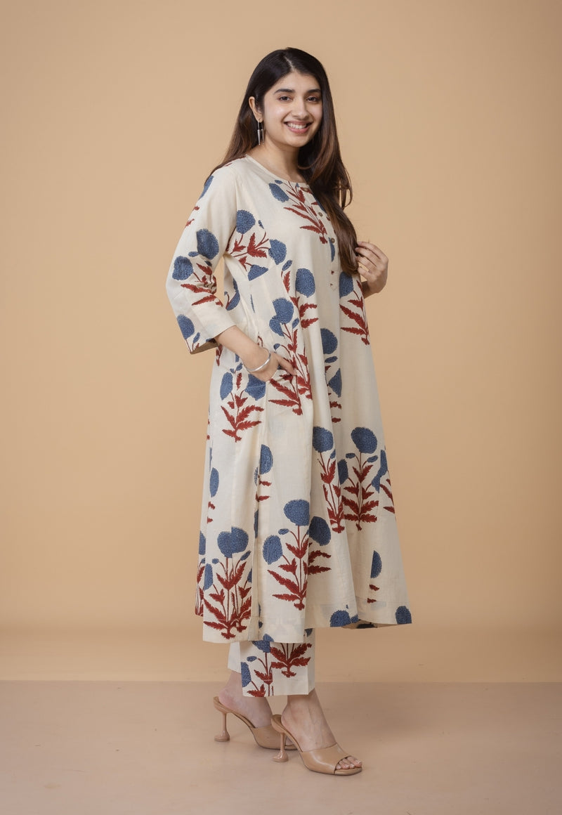 Alizah White Ajrakh Cotton Jhabba Kali Co-Ord Set