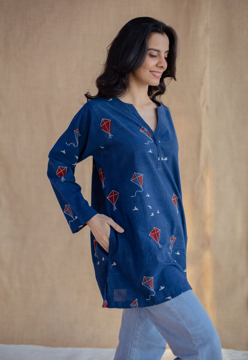 Huda Indigo Ajrakh Cotton Loose Short Top