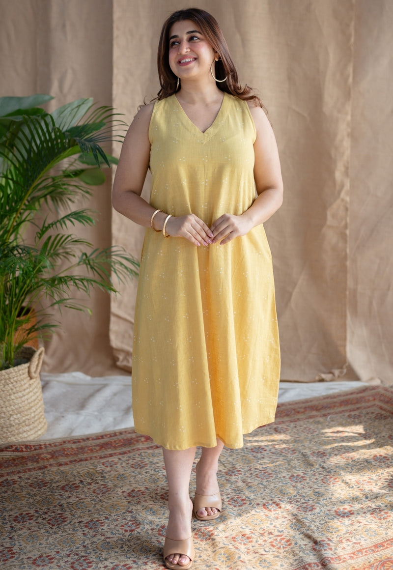 Mariam Yellow A Line Dabu Slub Cotton Dress