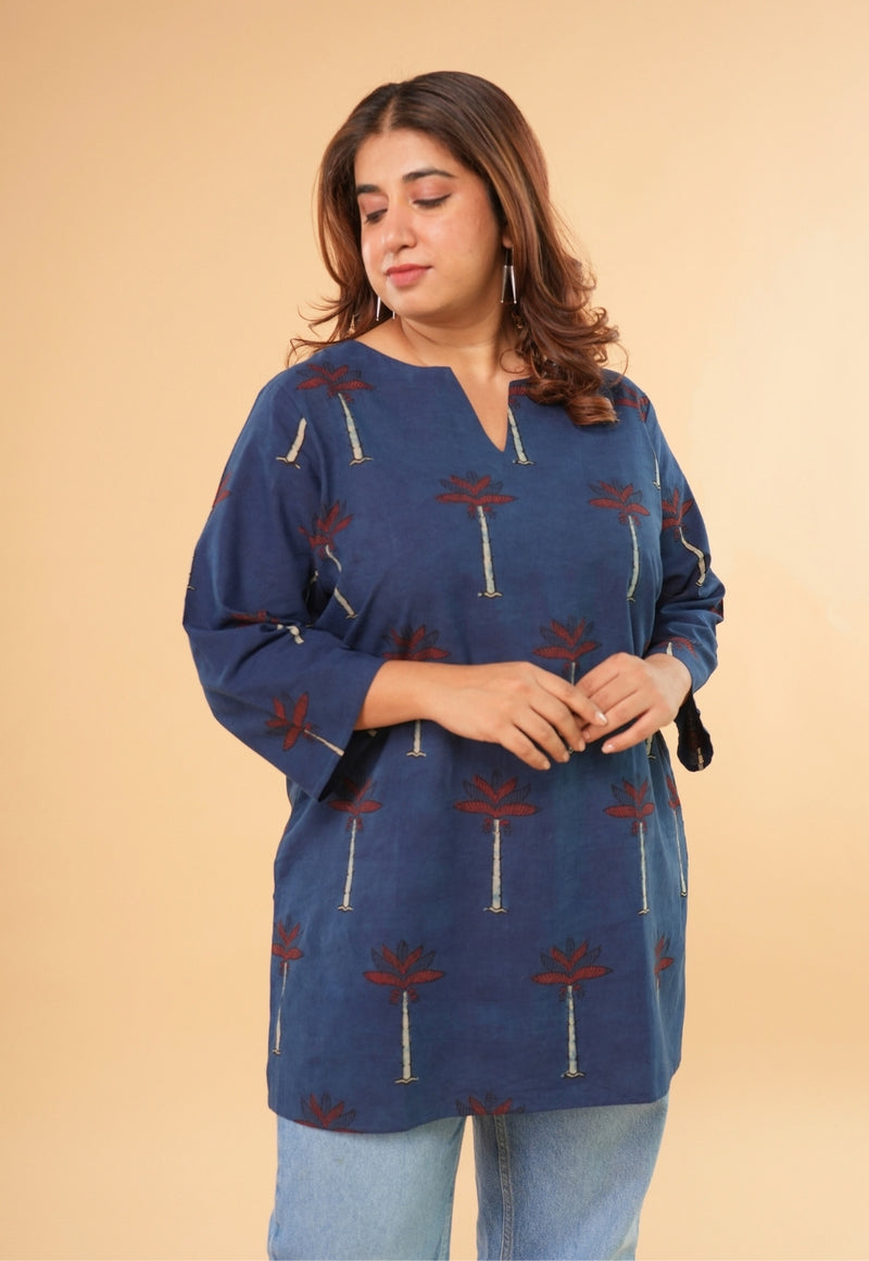 Mishel Blue Ajrakh Cotton Straight Short Top